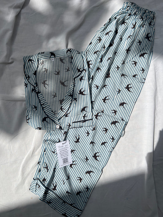 Birds stripes summer linen pj suit