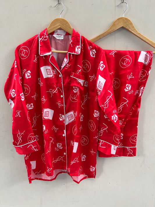 Red printed summers silk pj suit