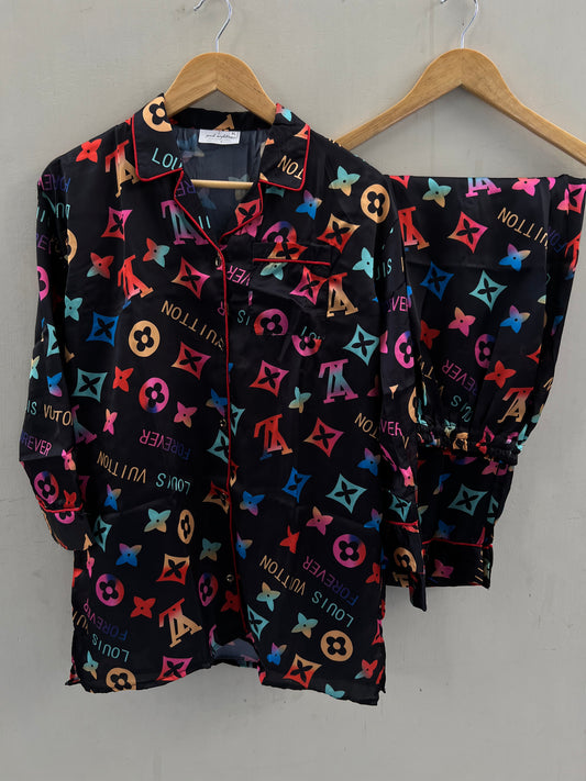 Black printed summers silk pj suit
