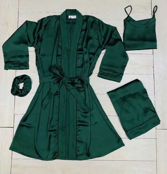 Green 3 piece silk gown set