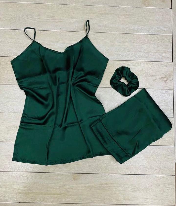 Green 3 piece silk gown set