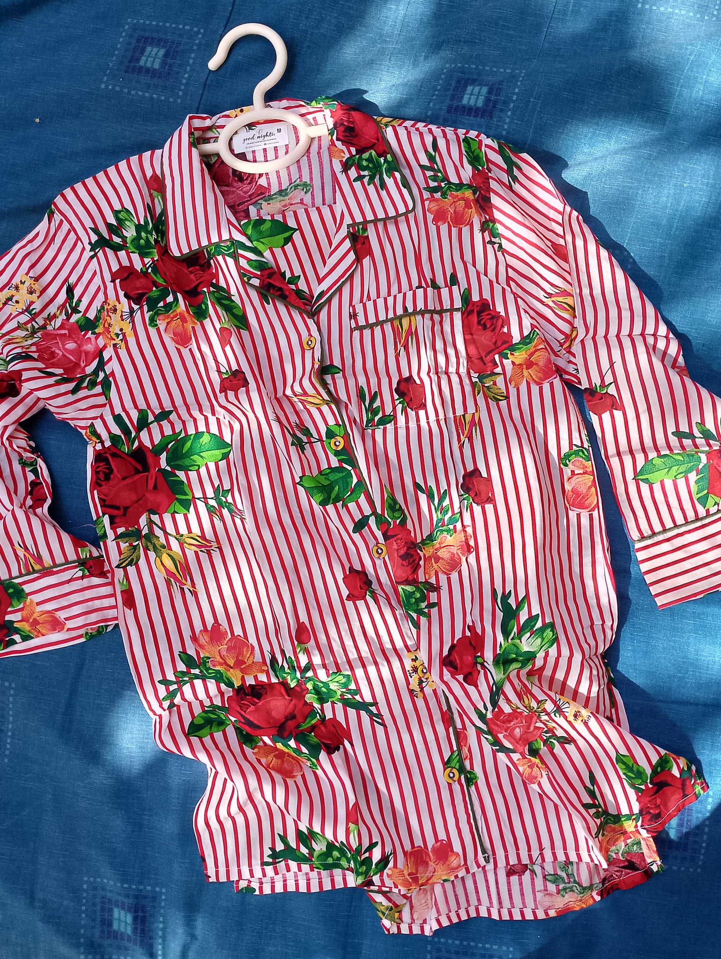 Red flower stripes linen pj suit