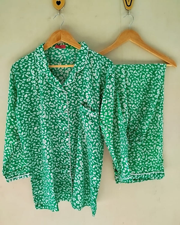 Green flowers summer linen pj suit