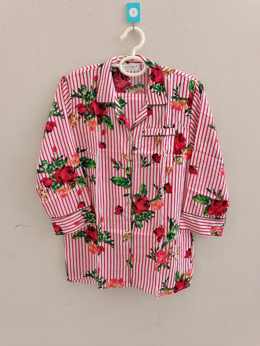 Red flower stripes linen pj suit