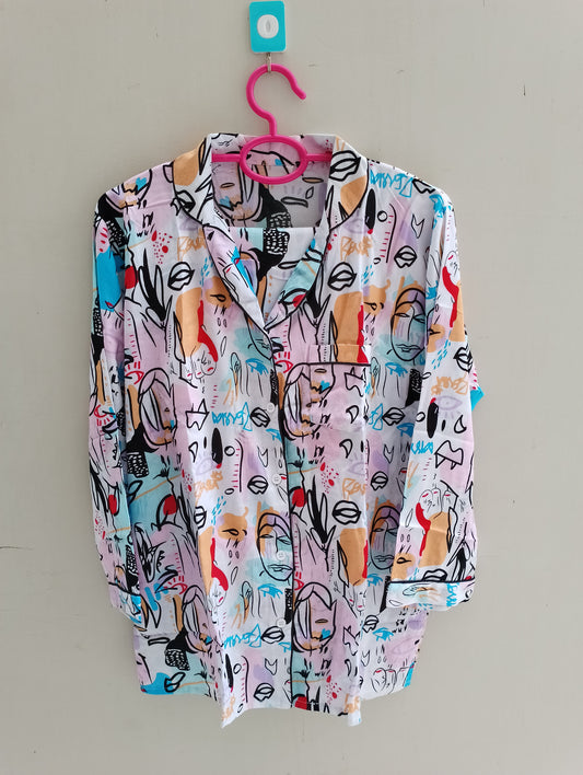 White savage print linen pj suit