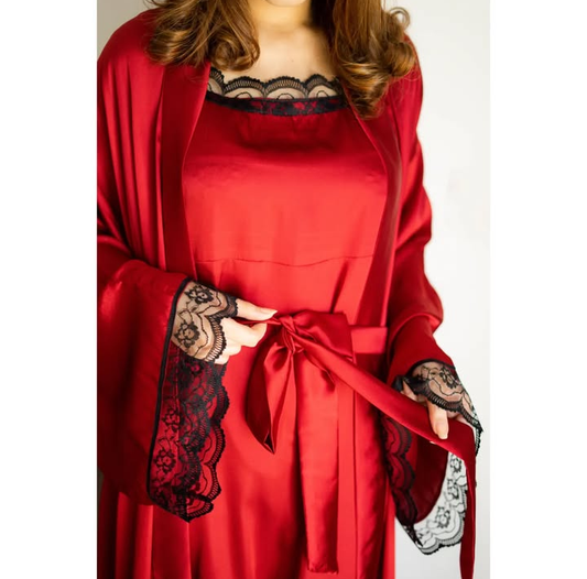 Red 2 piece long silk gown set