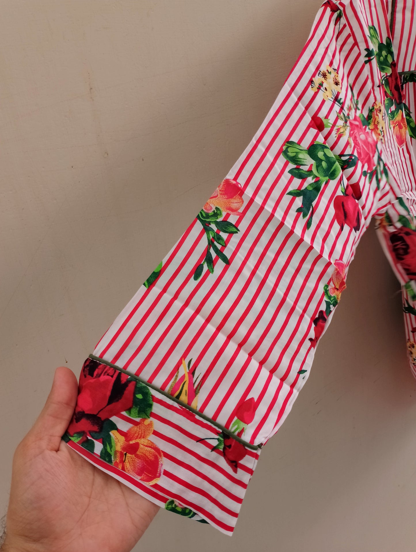 Red flower stripes linen pj suit