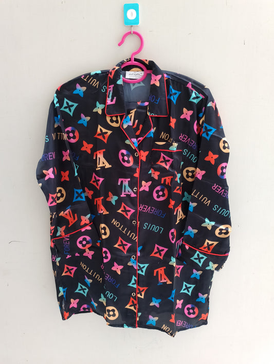 Black printed silk pj suit