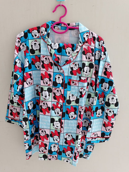 Multi color mickey mouse print linen pj suit